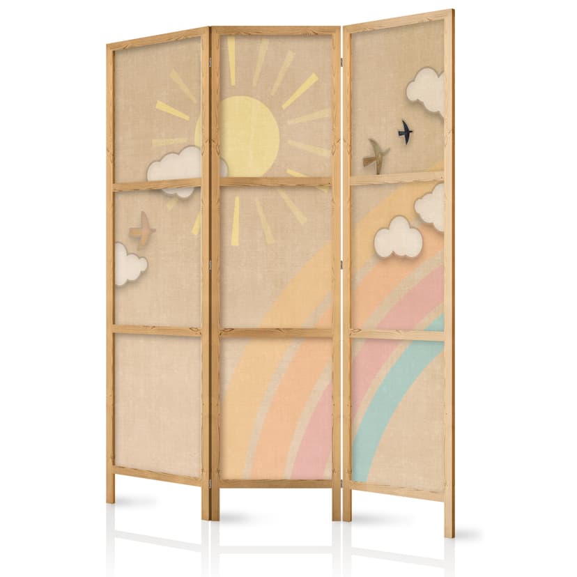 Japanischer Paravent Raumteiler - Holiday Sky: Rainbow and Birds, 3-teilig