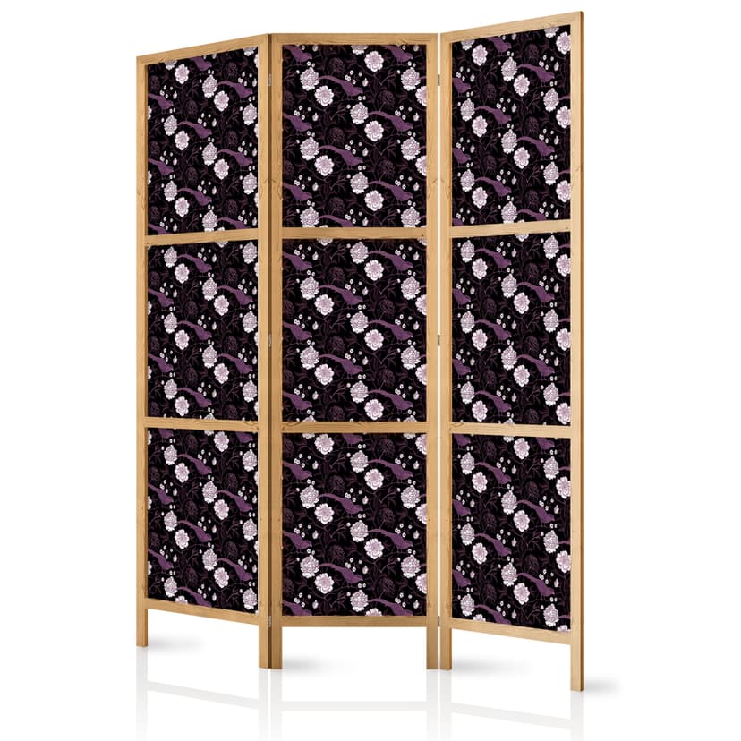 Japanischer Paravent Raumteiler - Birds Among Flowers - Purple, 3-teilig