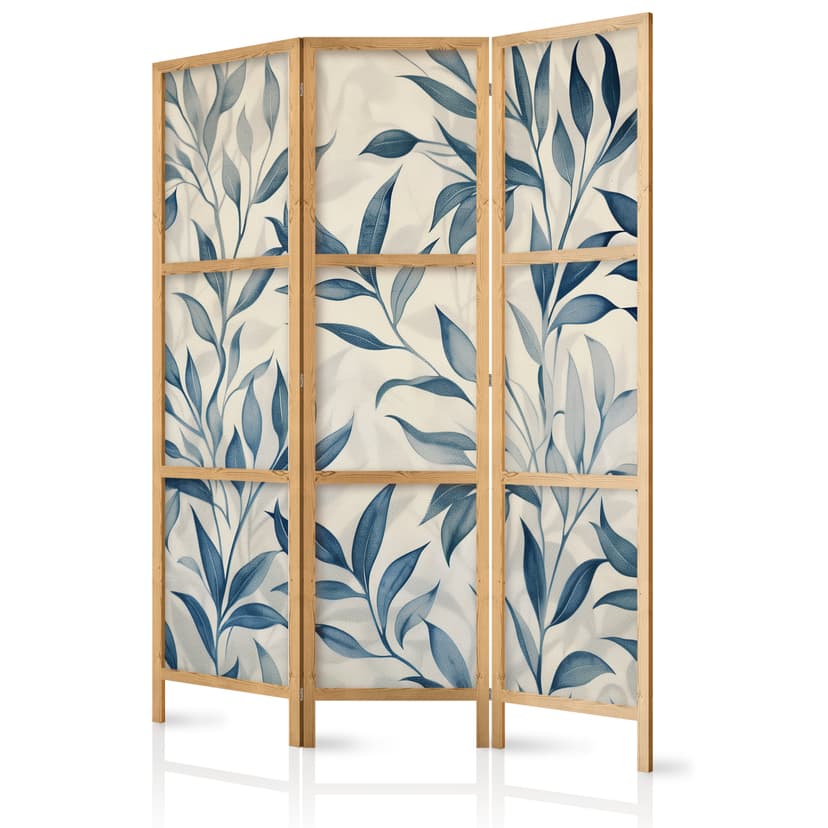 Japanischer Paravent Raumteiler - Leaves in Blue Colors - Delicate Botanical Motif, 3-teilig