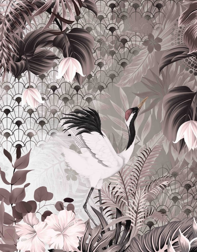 Fototapet Crane med art deco-mönster och blommor i gråsvart 2,7 x 2,12 m