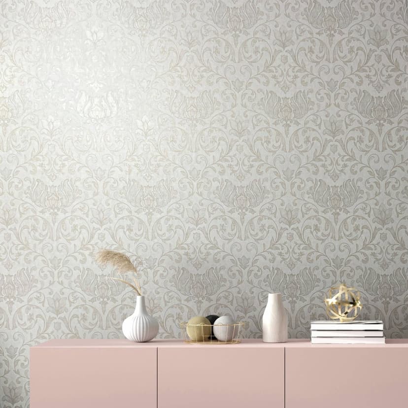 Non-woven tapet med blommor, blad ornamental glänsande vit blommig