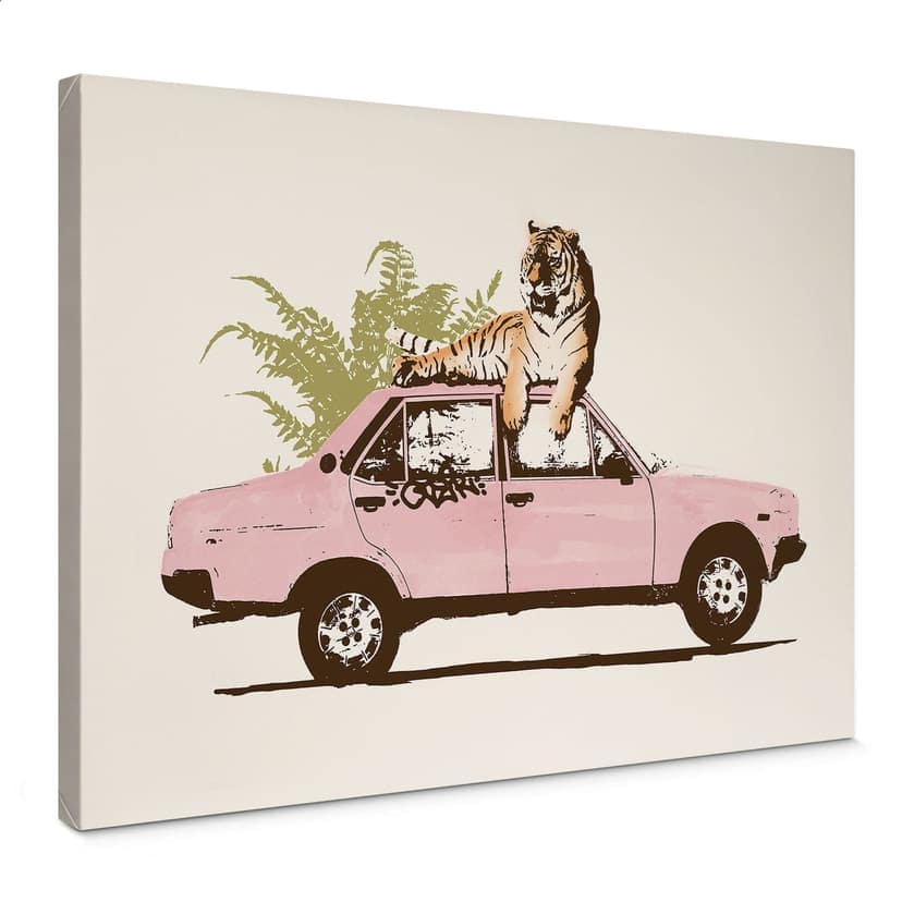 Canvastavla tiger på rosa bil - Bodart