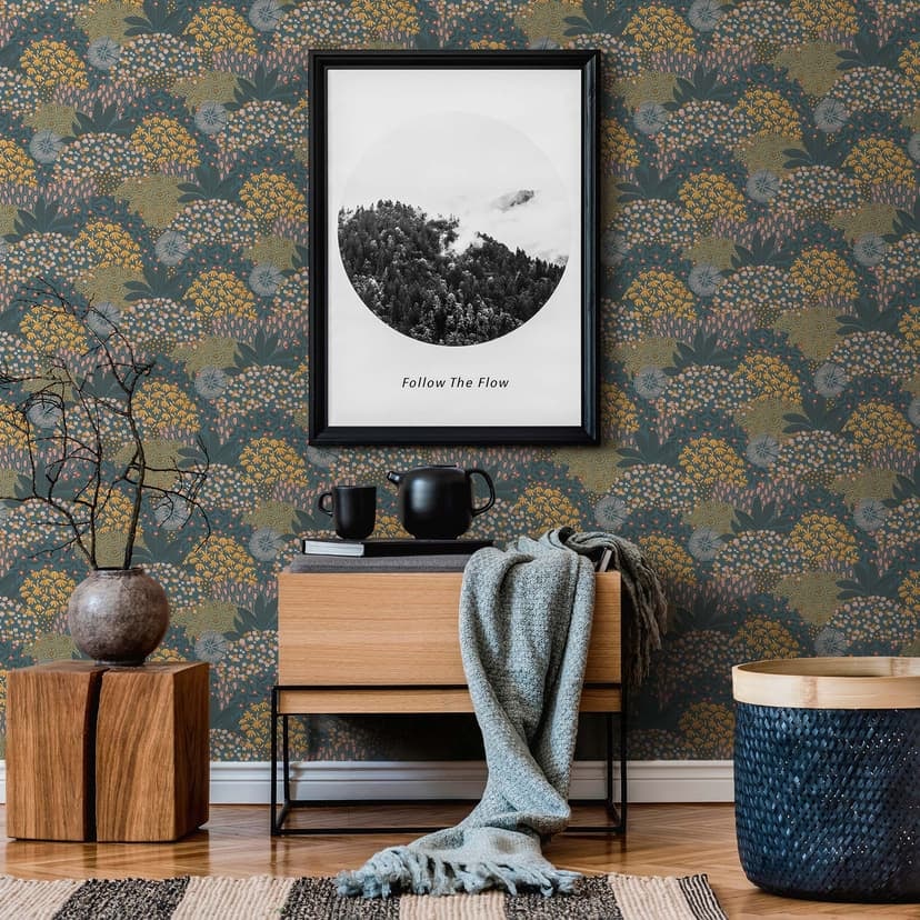 Petrol blad tapet - vintage blommig tapet gulblå - non-woven blomma tapet