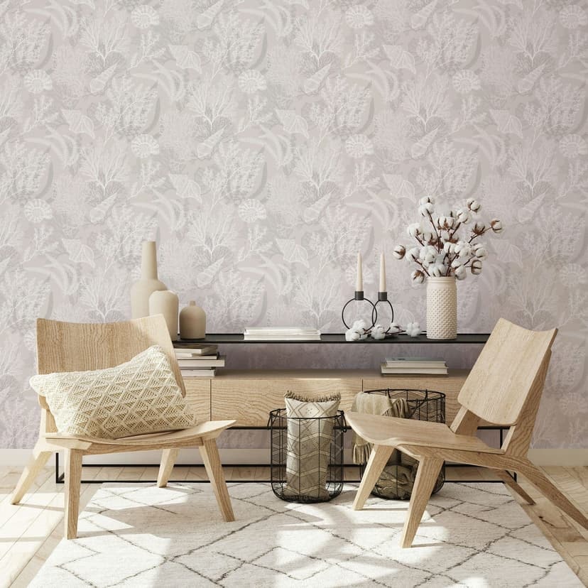 Non-woven tapet i vitt, beige snäckor under vatten grafisk natur