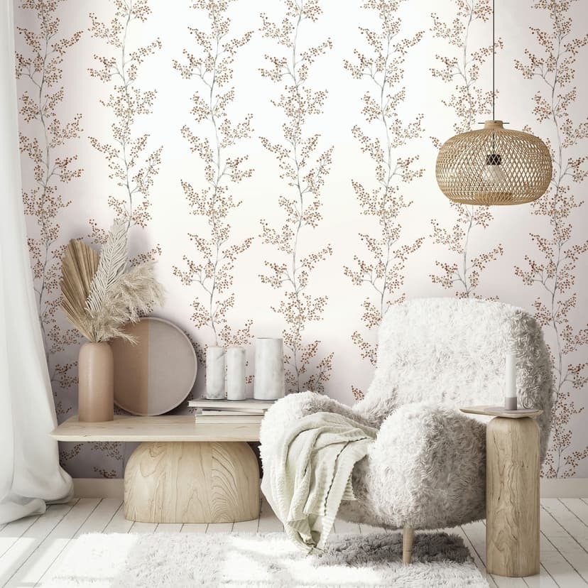 Icke-vävd tapet blad, grenar blommig natur matt i vit beige