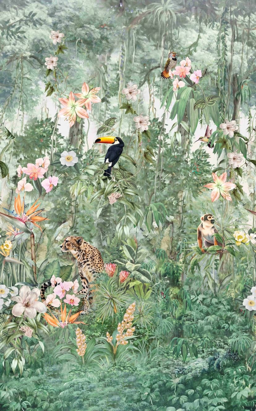 Fototapet med motiv djungeldröm med tukan, leopard och tropiska blommor 3,4 x 2,12 m