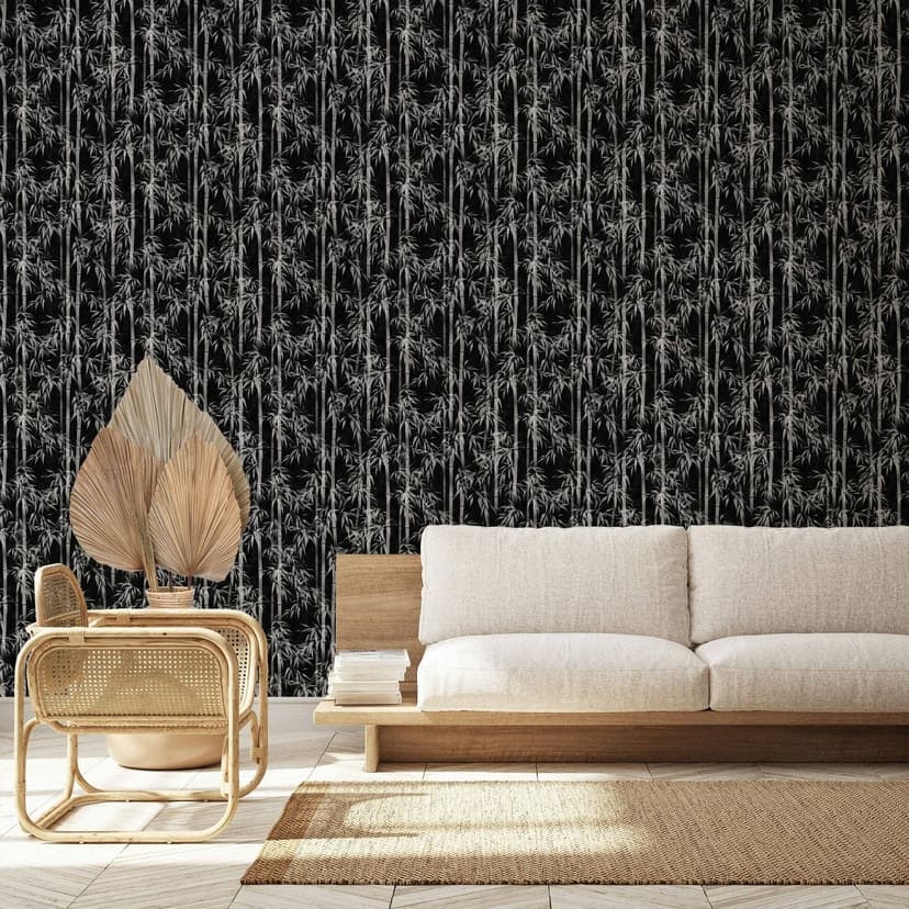 Non-woven tapet i svart, vitt bambublad blommig natur