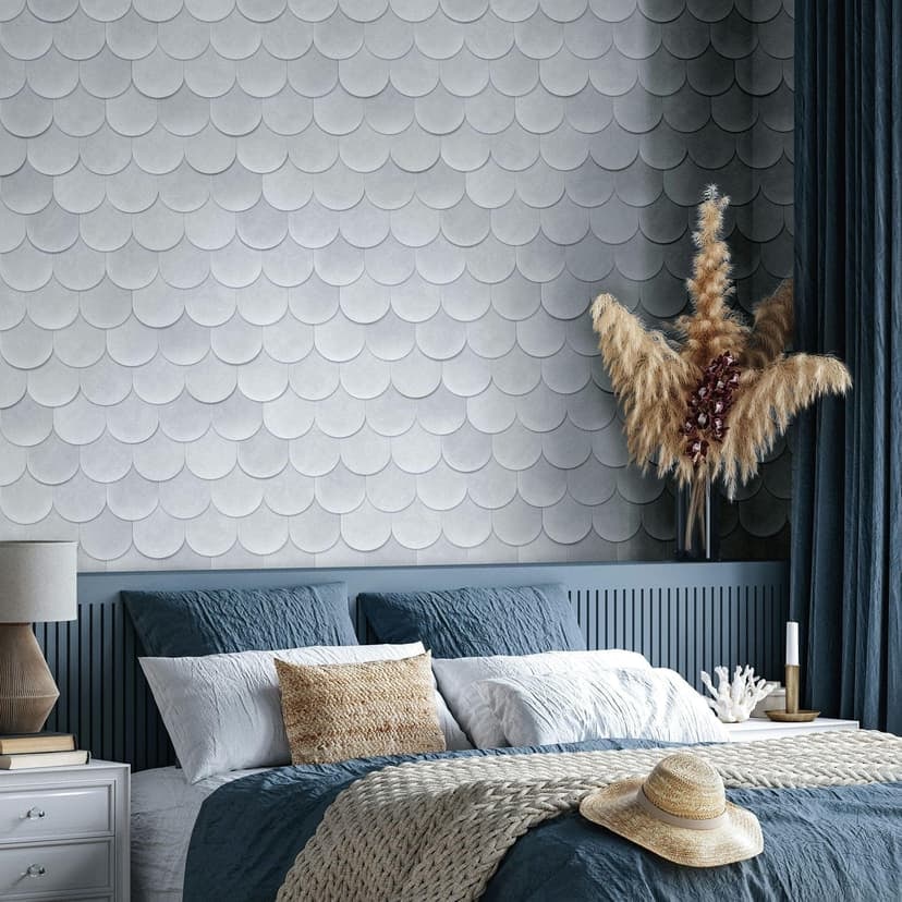 Non-woven tapet i gråblå 3D-look skalor vintage begagnad look geometrisk