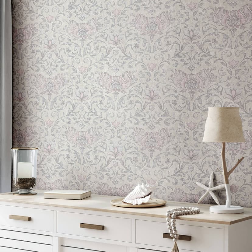 Non-woven tapet med blommor, blad ornamental glänsande grå blommig