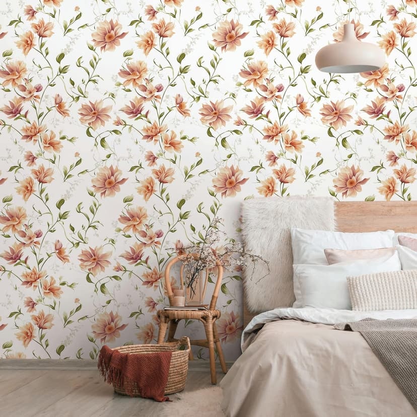 Icke-vävd tapet blommor, blad blommig natur matt i vit orange