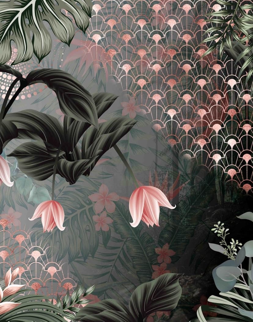 Fototapet med motiv av trana med art deco-prov och blommor 2,7 x 2,12 m