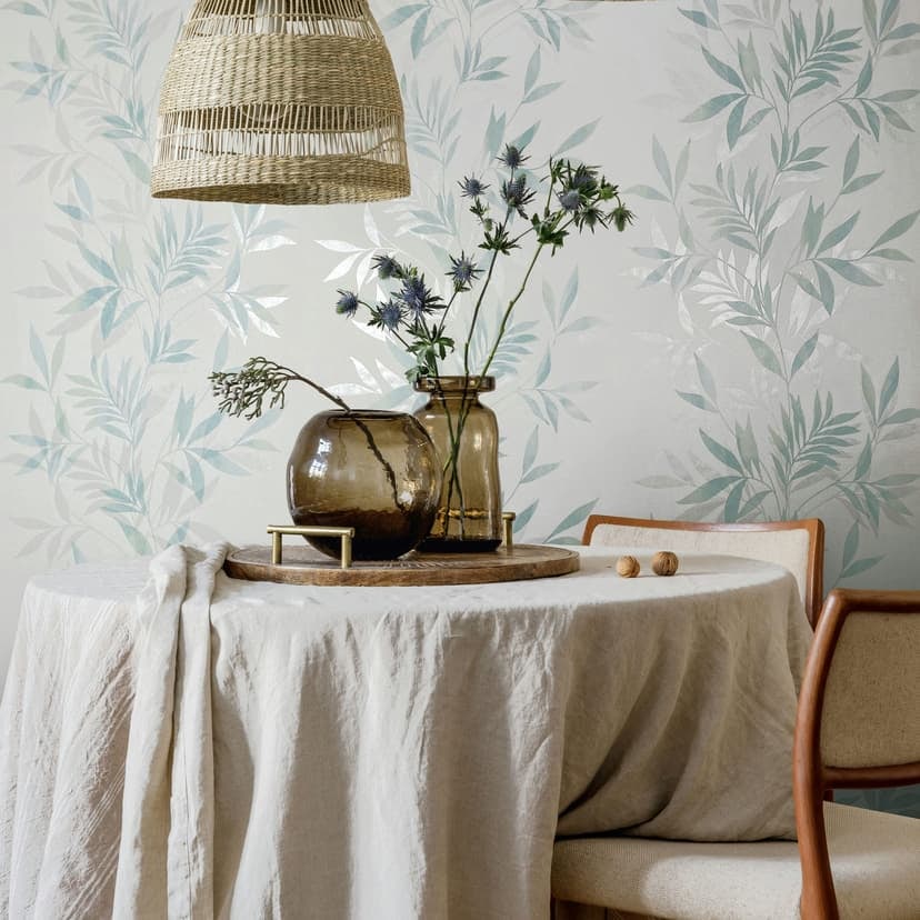 Non-woven tapet i vitt, grönt bladmotiv bladlook blommig natur