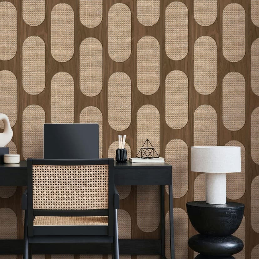 Non-woven tapet i brun beige trälook textur trä geometrisk