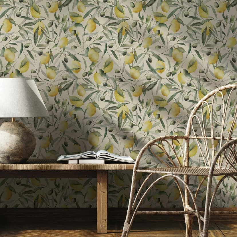 Icke-vävd tapet citroner, blad blommig natur matt i beige
