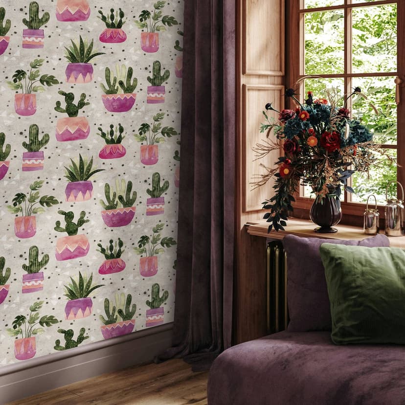 Non-woven tapet i grått grönt lila blommor växter blommig natur modern