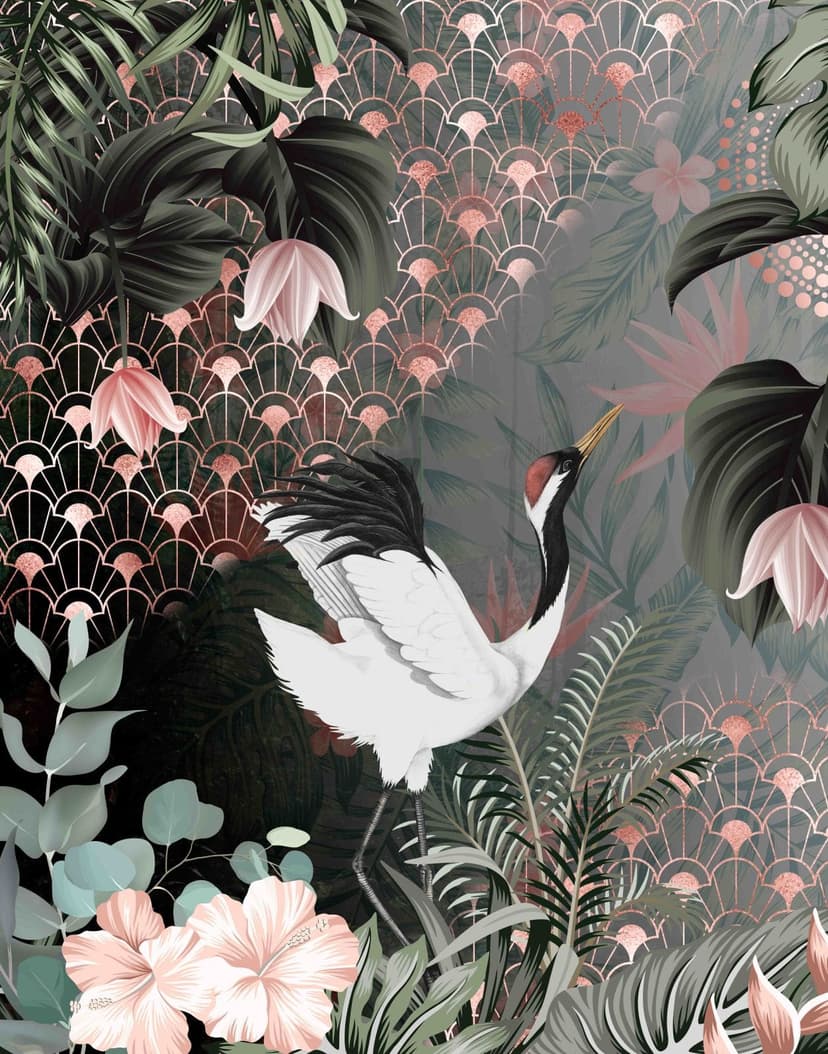 Fototapet med motiv av trana med art deco-prov och blommor 2,7 x 2,12 m
