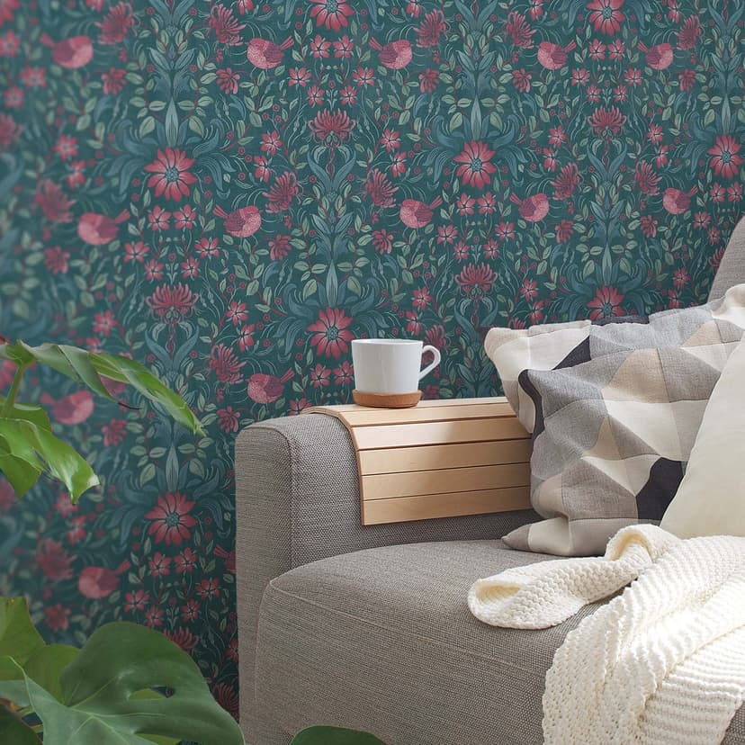 Blommig grönrosa - non-woven tapet lantgård A.S. Création - matt och lätt strukturerad