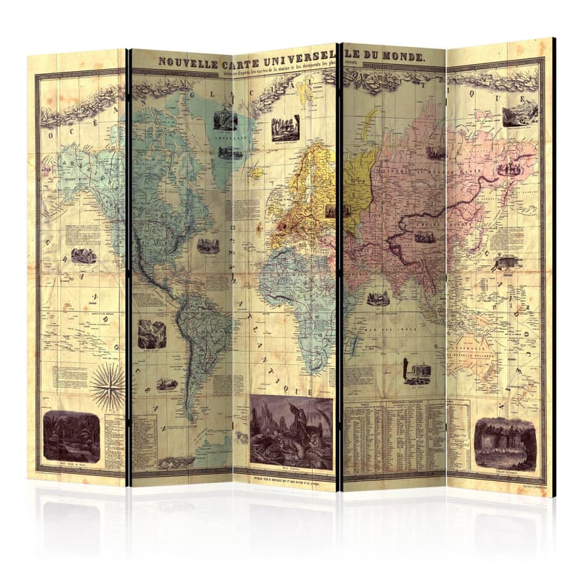 Paravent Raumteiler -  Nouvelle Carte Du Monde, 5-teilig - 225x172 cm