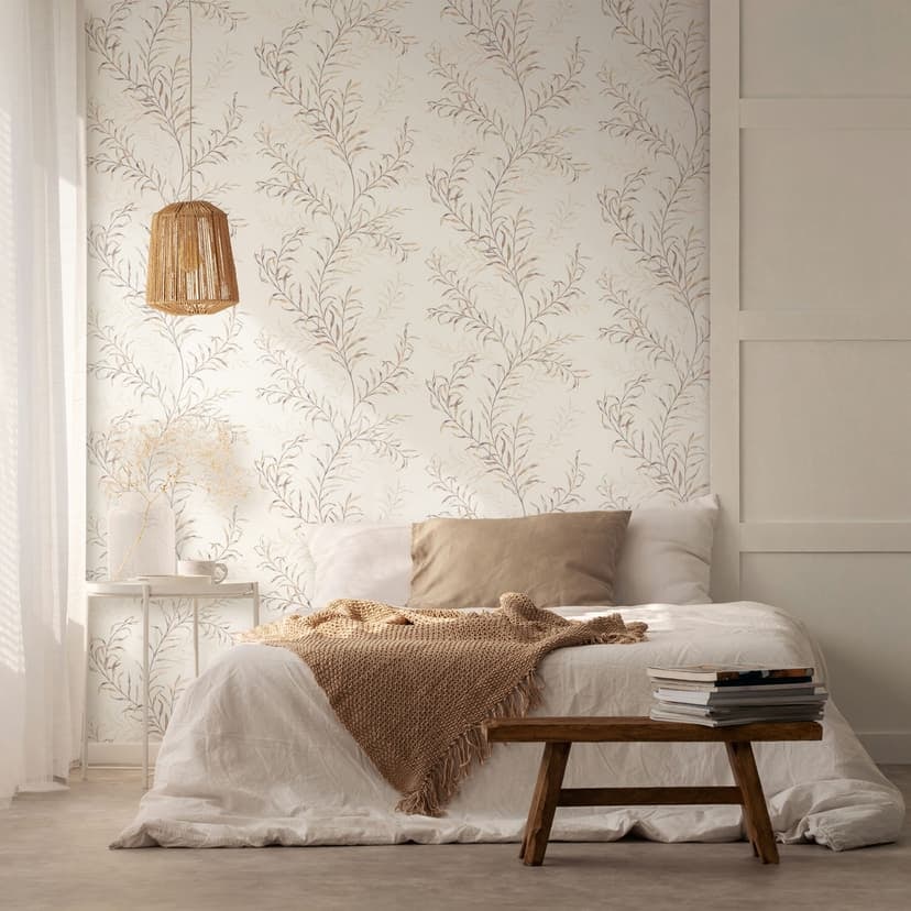 Icke-vävd tapet blad blommor natur matt i vit beige