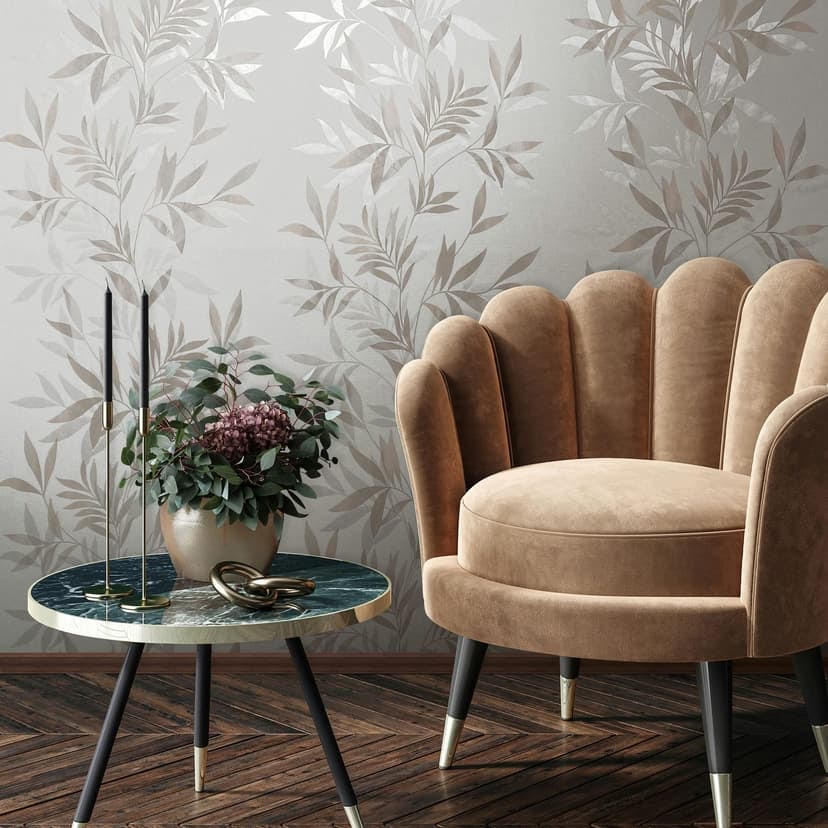 Non-woven tapet i vitt, beige bladmotiv bladlook blommig natur