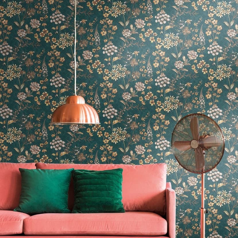 Blommig tapet bensin, gul vintage lantgård tapet växter, löv - non-woven tapet prov blommor