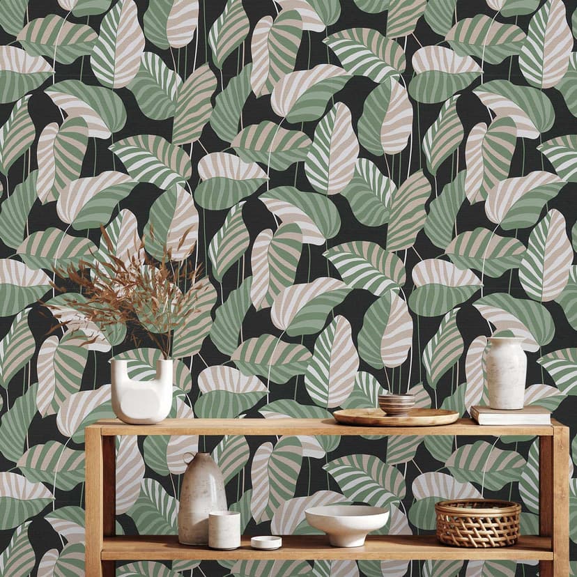 Tapet löv grön svart - växter non-woven tapet blommig modern