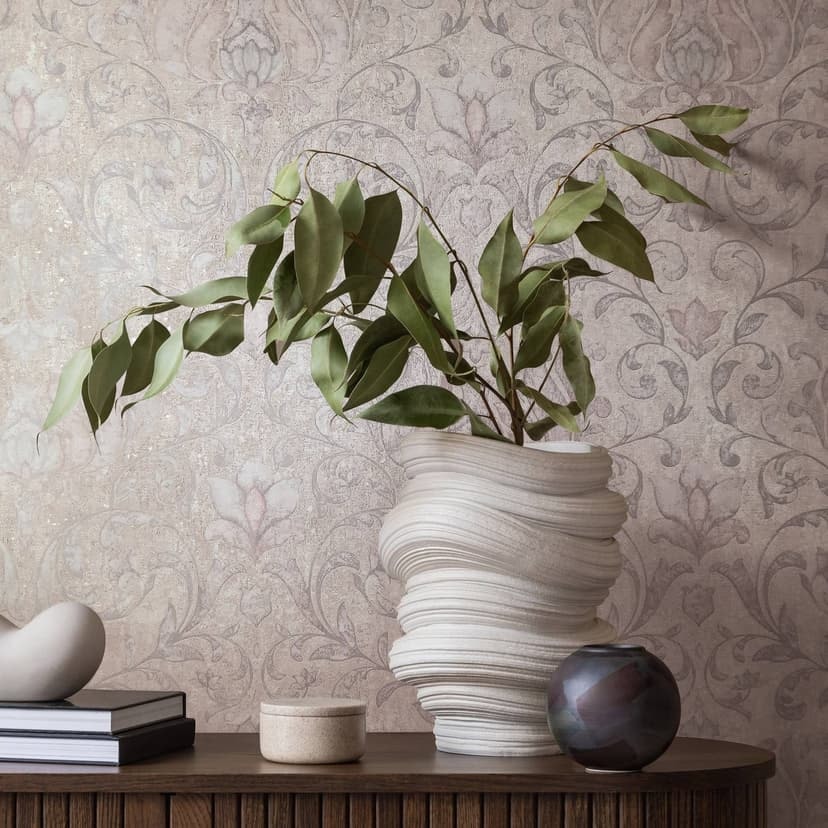 Non-woven tapet med blommor, blad ornamental glansig beige, grå blommig