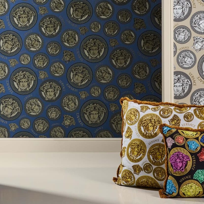 Versace Home tapet blå svart med medusahuvuden lyxig designer non-woven tapet