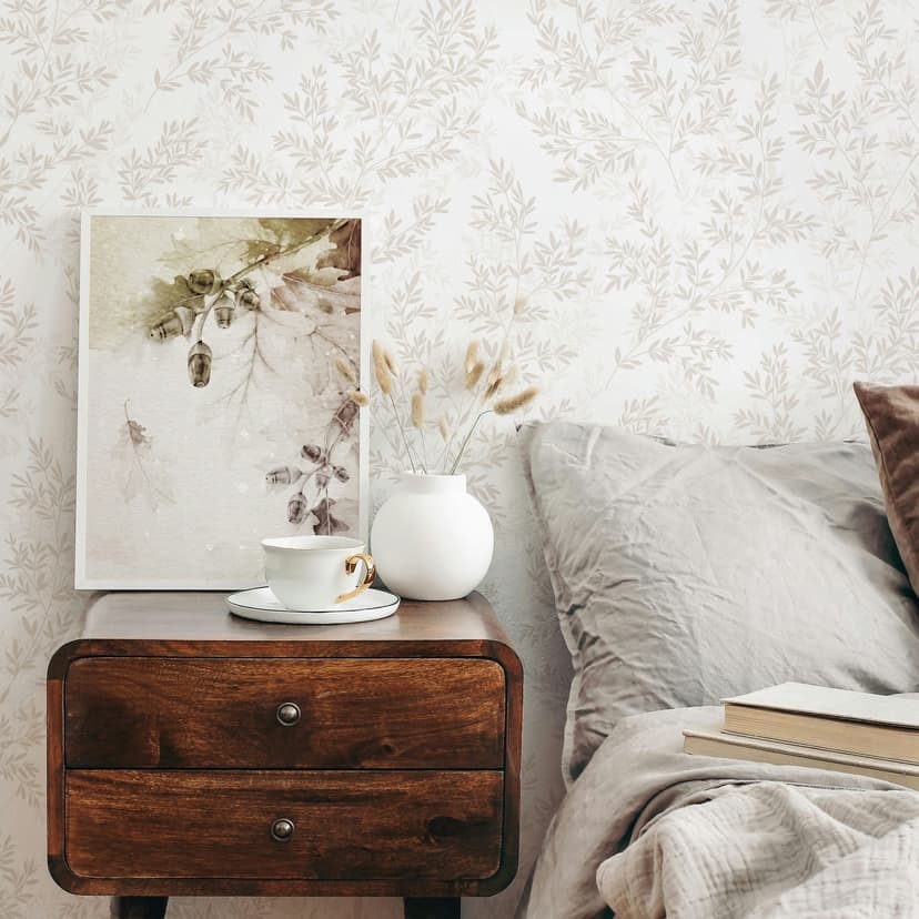Icke-vävd tapet blad blommor natur matt i vit beige