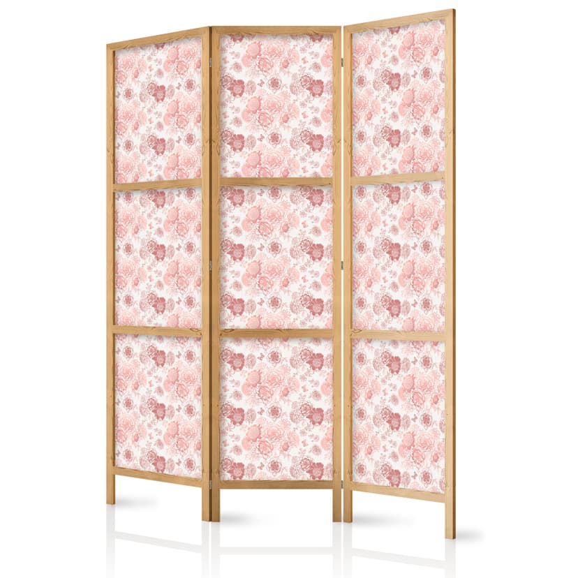 Japanischer Paravent Raumteiler - Pink Blossoming on White Background, 3-teilig