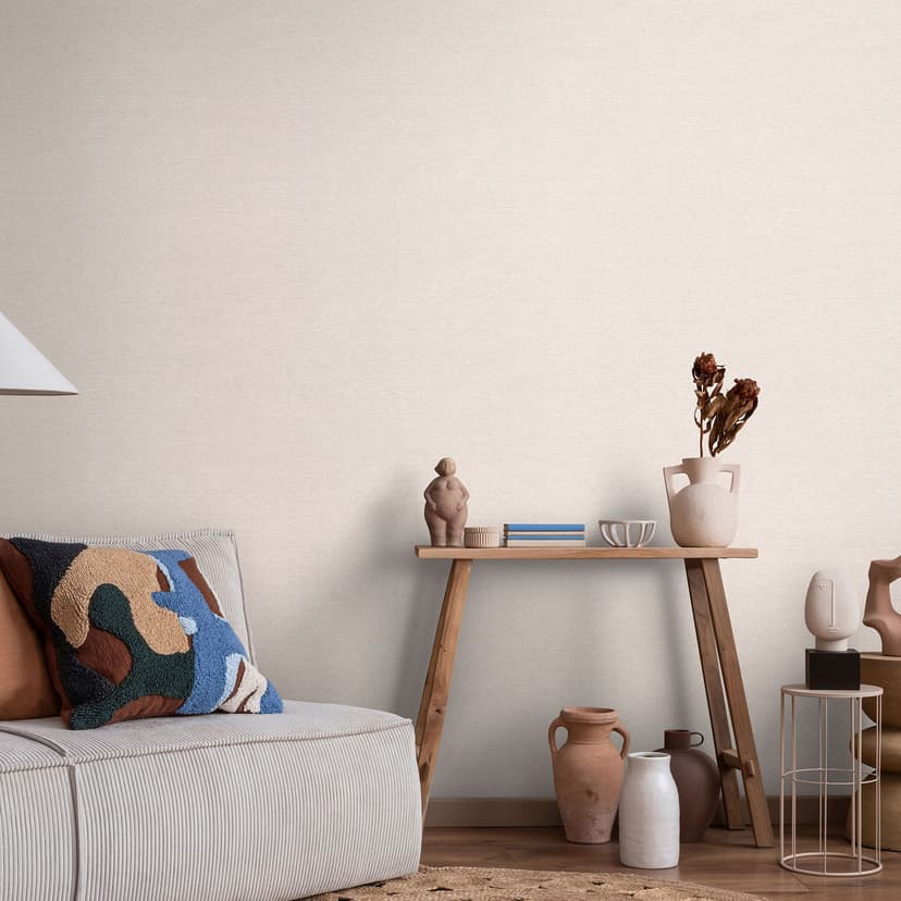 Non-woven vanlig beige sand tapet med en fin linne textur, subtilt modern och elegant