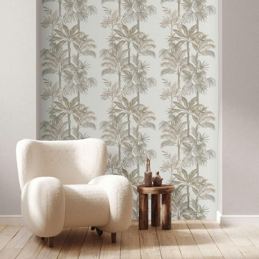 Non-woven tapet i vitt beige träd löv djungel blommig natur