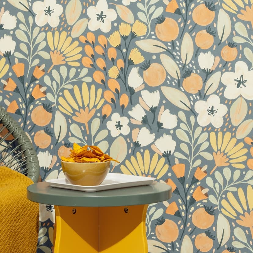 Icke-vävd tapet, tapet med blommotiv La Terrasse blå