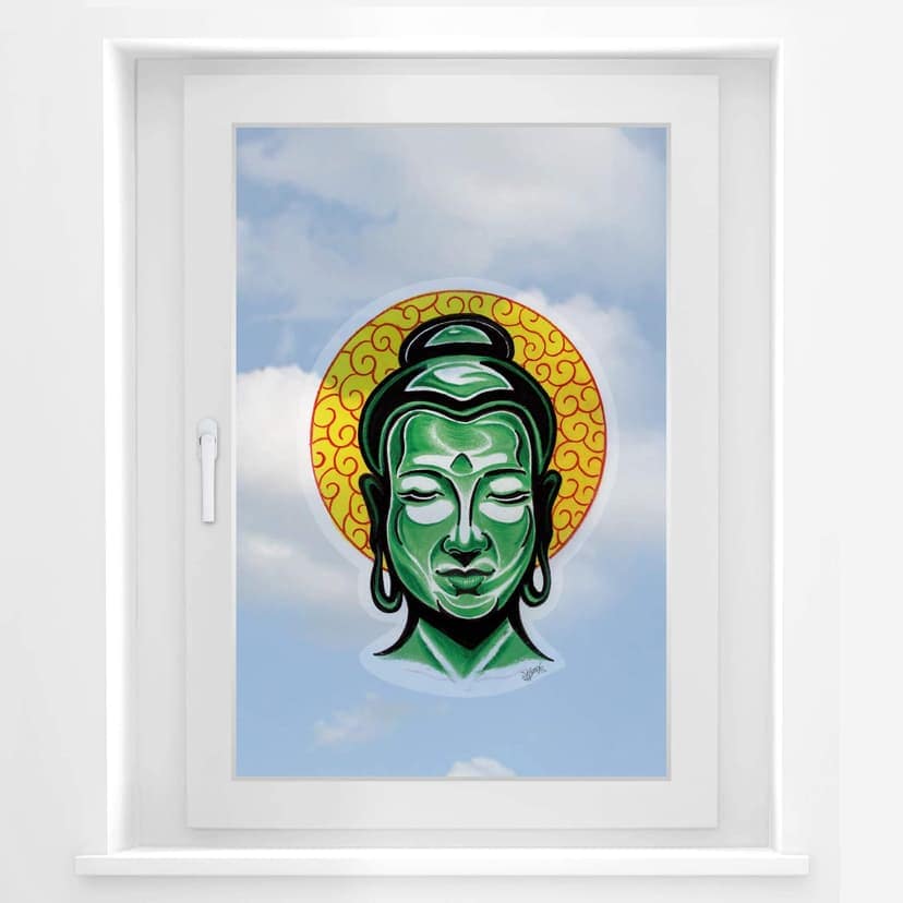 Miami Ink väggmålning av Buddha-huvud i fönster