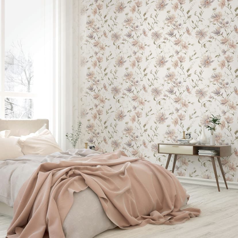 Icke-vävd tapet blommor, blad blommig natur matt i vitgrön