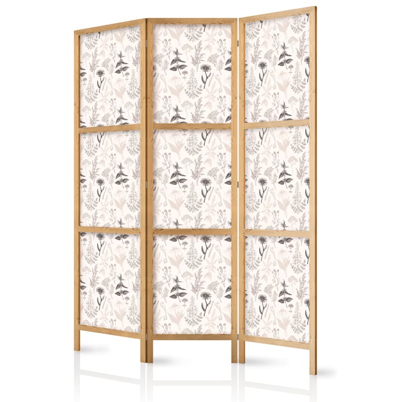 Japanischer Paravent Raumteiler - Illustration of Flowers and Herbs - Beige Grays, 3-teilig