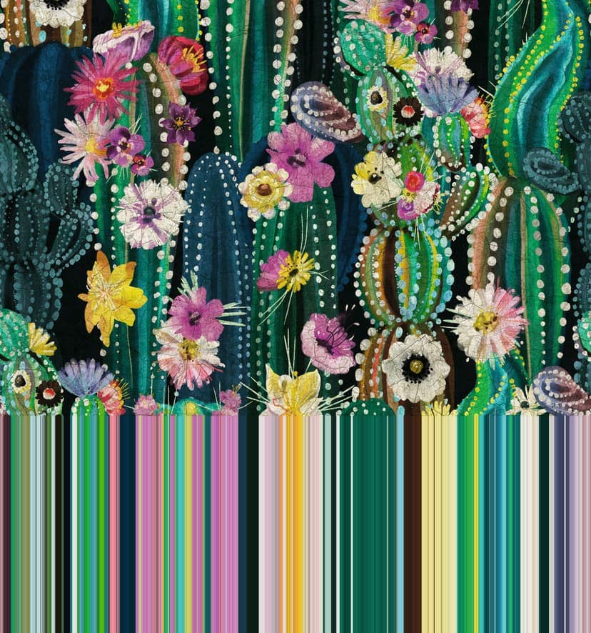 Fototapet med motiv av kaktusträdgård med färgglada blommor och prickmönster i 3,4 x 3,18 m
