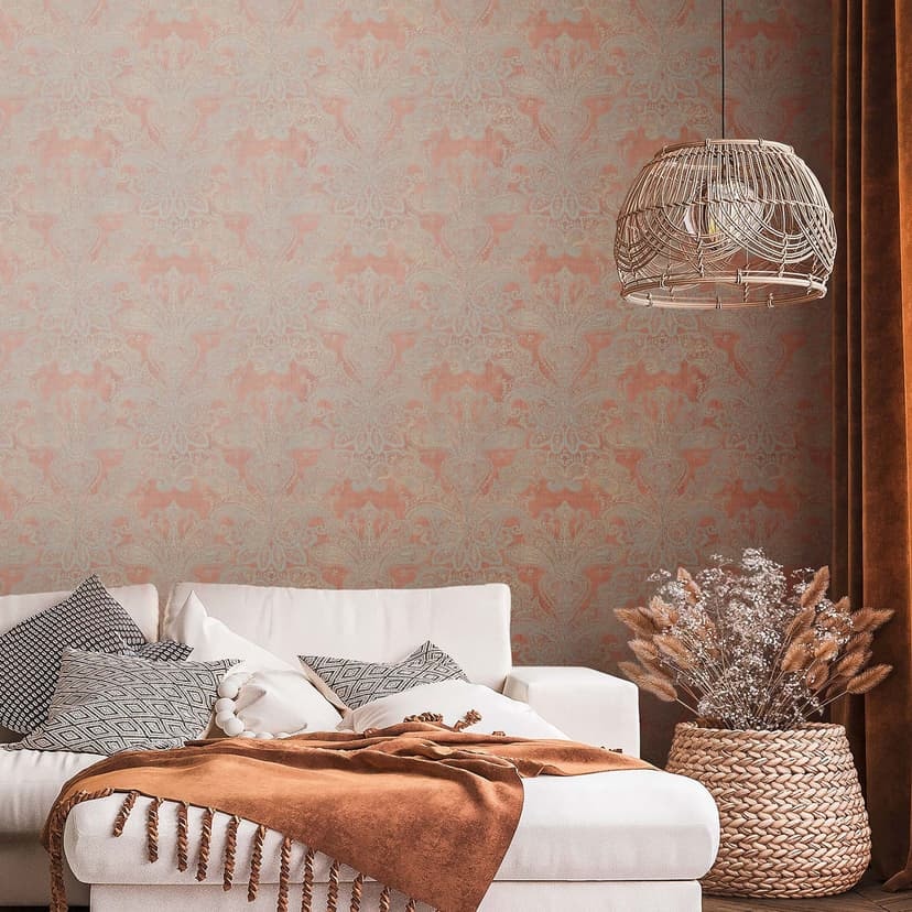 Barock tapet vintage orange, grå - Prov non-woven tapet med ornament
