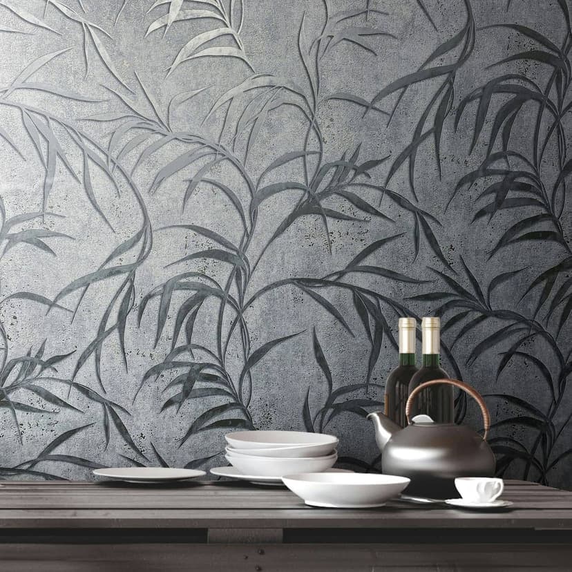 Non-woven tapet med blad i betonglook gråblommig