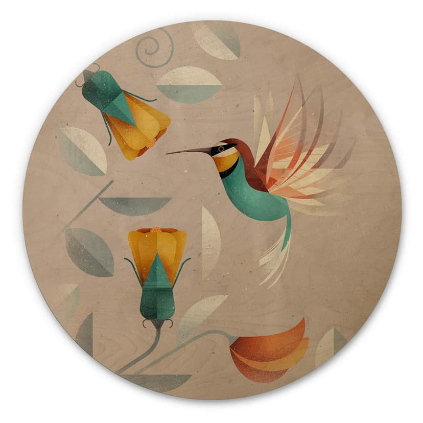 Trätavla fågelmotiv - Kolibri rund - Brun