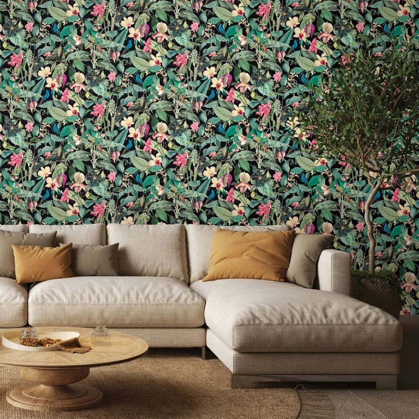 Non-woven tapet i svart, gröna blad blommor blommig natur