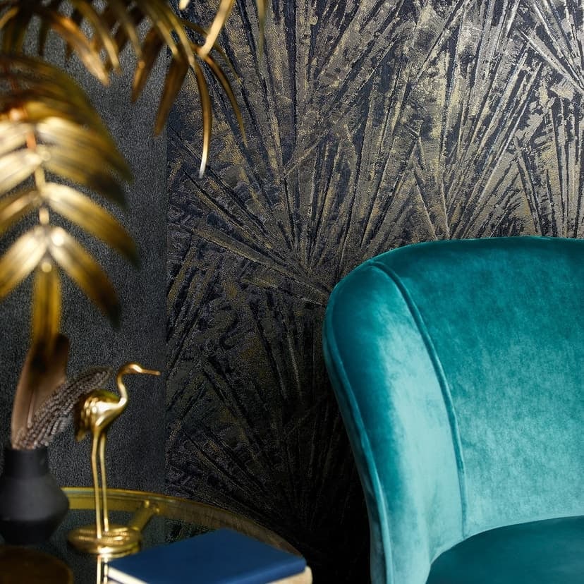 Non-woven tapet med glans och fläkt look svart, guldstruktur