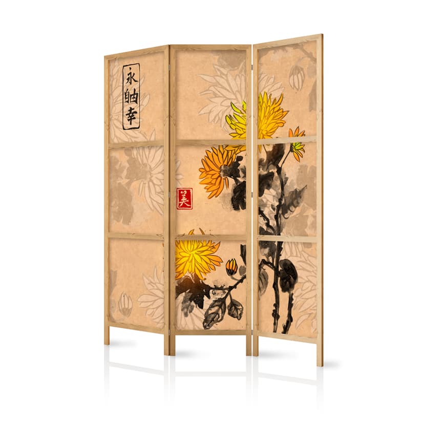 Japanischer Paravent Raumteiler - Japanischer Stil: Weisheitsblumen, 3-teilig