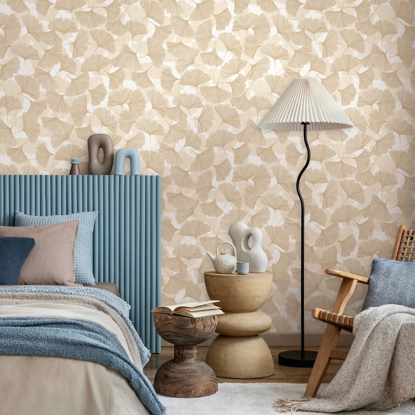 Icke-vävd tapet 3D, blad blommig natur matt i beige