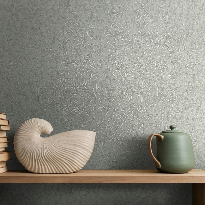 Non-woven tapet i grått bladmotiv blommig natur