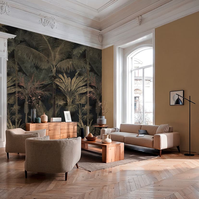 Fototapet palmer djungel expanderbar svart grön 159x280 cm Icke-vävd tapet