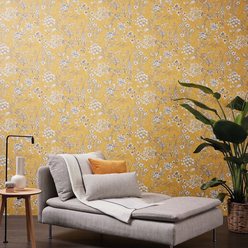 Skandinavisk tapet löv, växter - lantgård non-woven tapet vintage gul, vit, grå