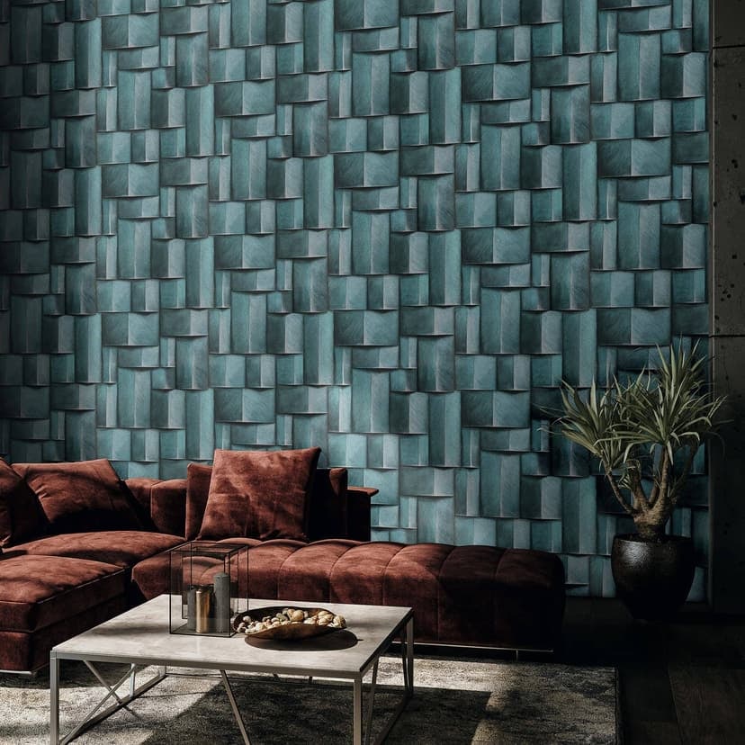 Non-woven tapet med geometriskt trämotiv blå, turkos 3D-look