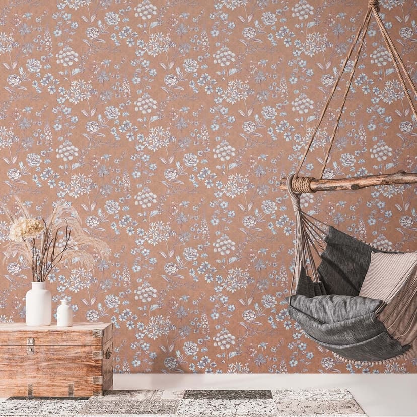 Vintage tapet lantgård växter non-woven tapet orange grå - mönster tapet blommor, löv