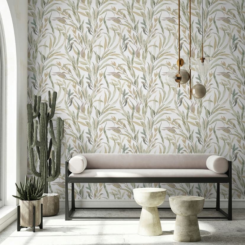Icke-vävd tapet blad blommor natur matt i vit grå beige